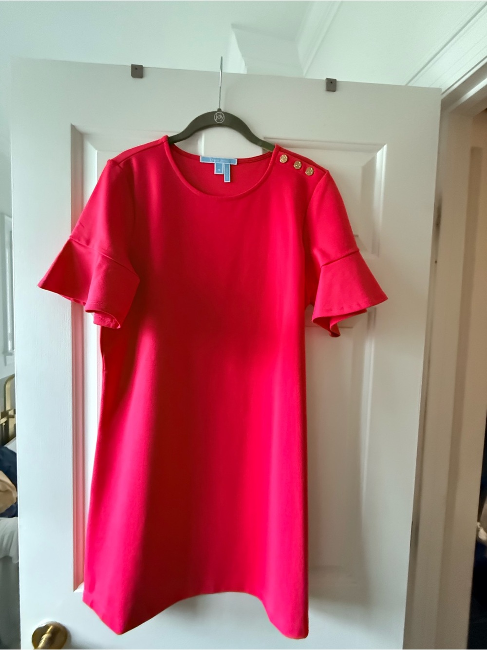 Draper James Hot Pink Ruffle Sleeve Shift Dress with Gold Buttons